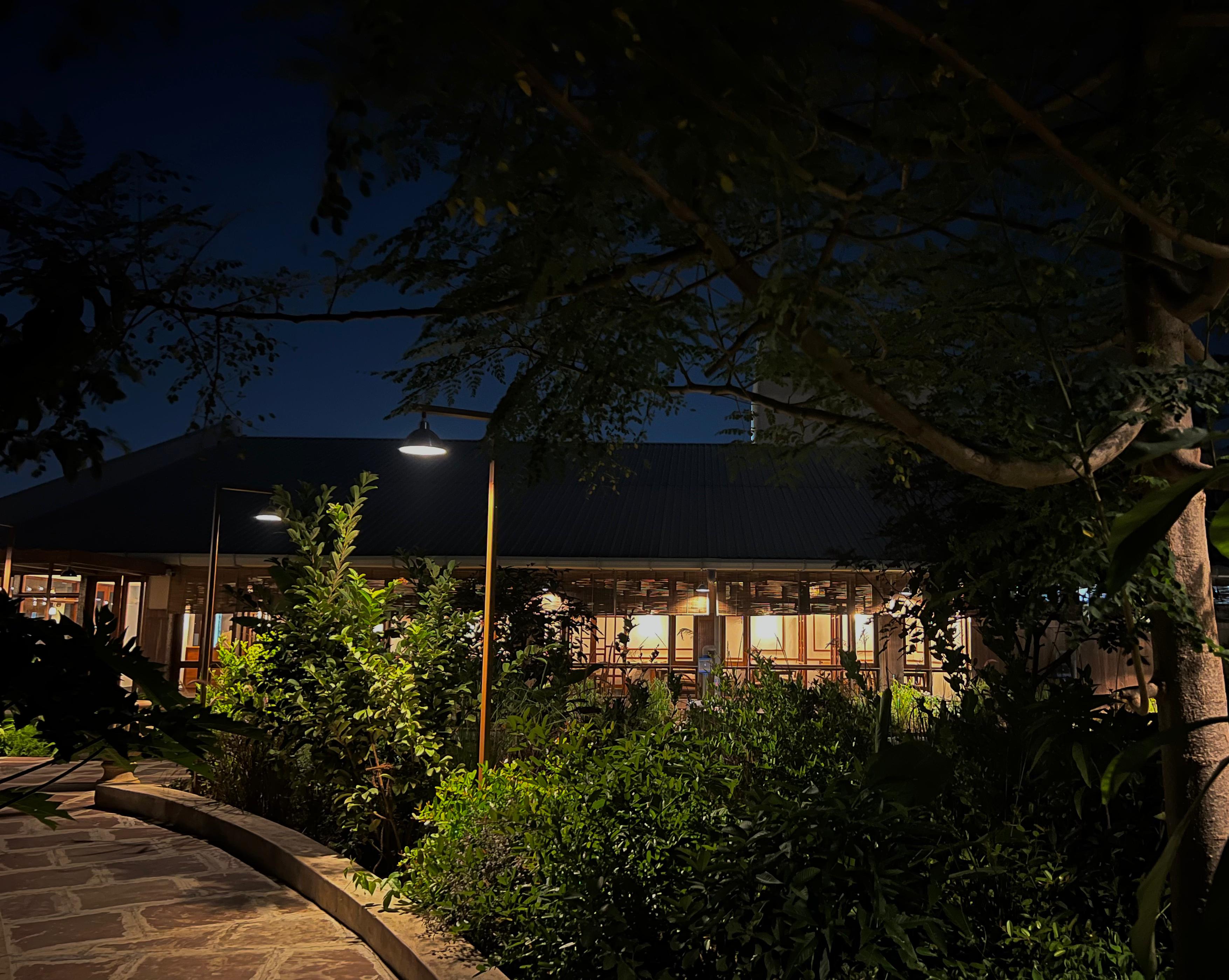 Restaurant lit up at night, seen through trees along a path